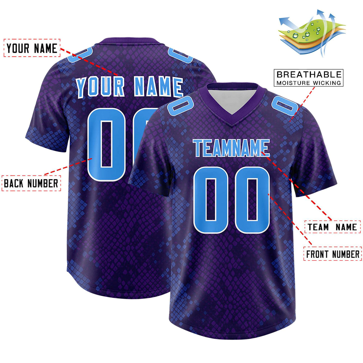 Custom Purple Personalized Snakeskin Graffiti Pattern Authentic American Football Jersey
