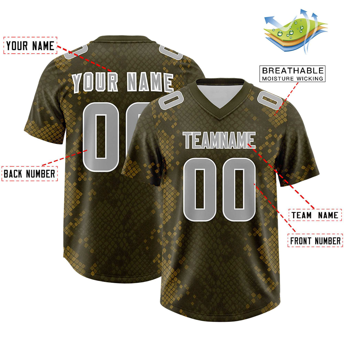 Custom Olive Personalized Snakeskin Graffiti Pattern Authentic American Football Jersey