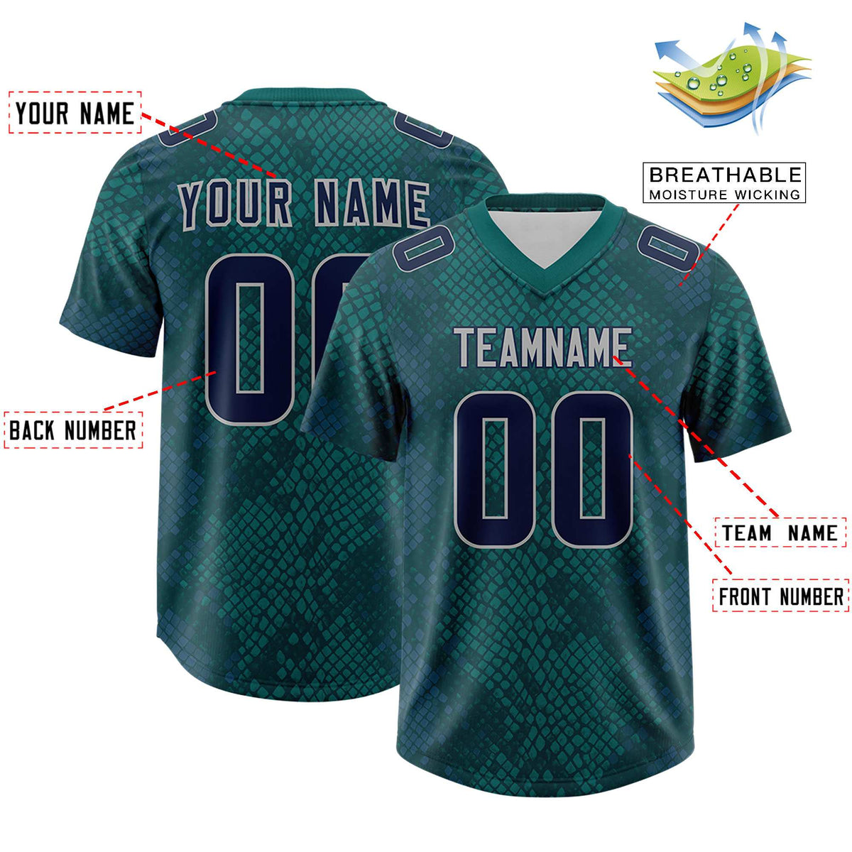 Custom Aqua Personalized Snakeskin Graffiti Pattern Authentic American Football Jersey
