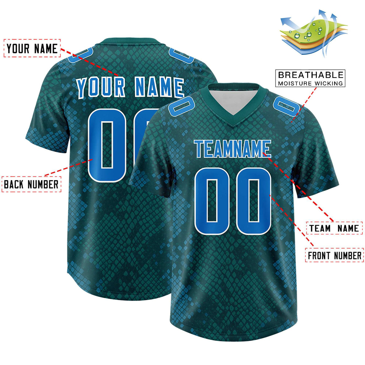 Custom Aqua Personalized Snakeskin Graffiti Pattern Authentic American Football Jersey
