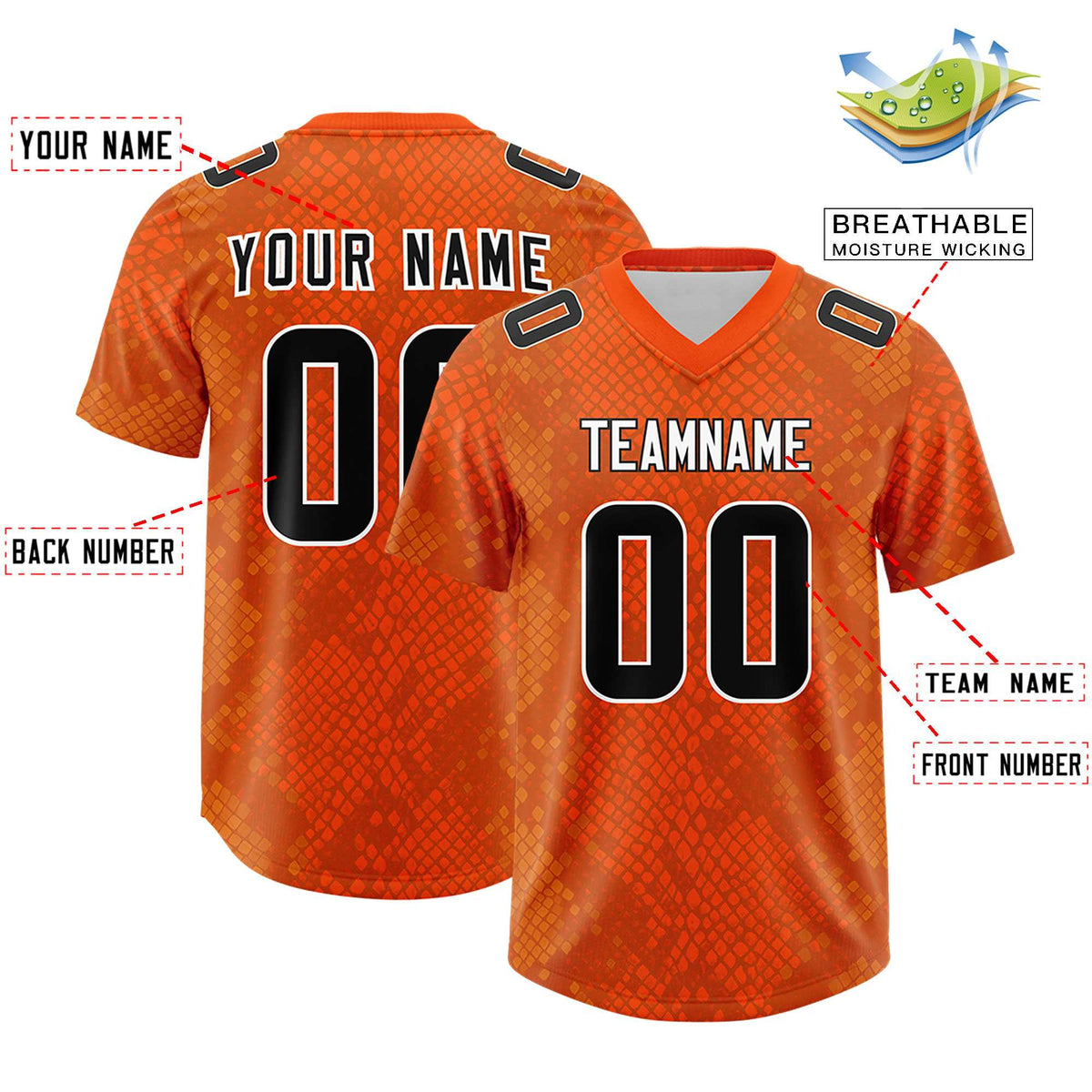 Custom Orange Personalized Snakeskin Graffiti Pattern Authentic American Football Jersey
