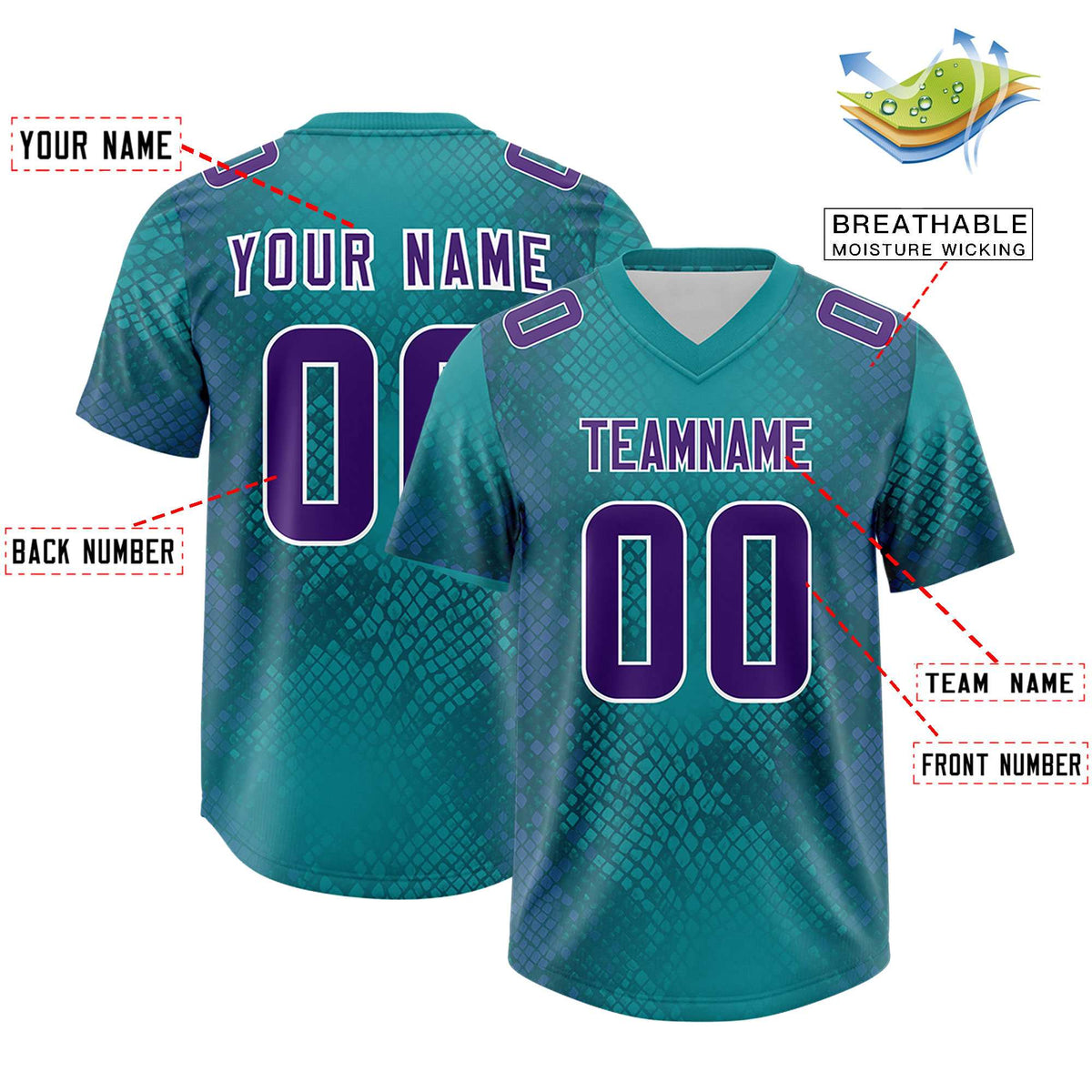 Custom Aqua Personalized Snakeskin Graffiti Pattern Authentic American Football Jersey