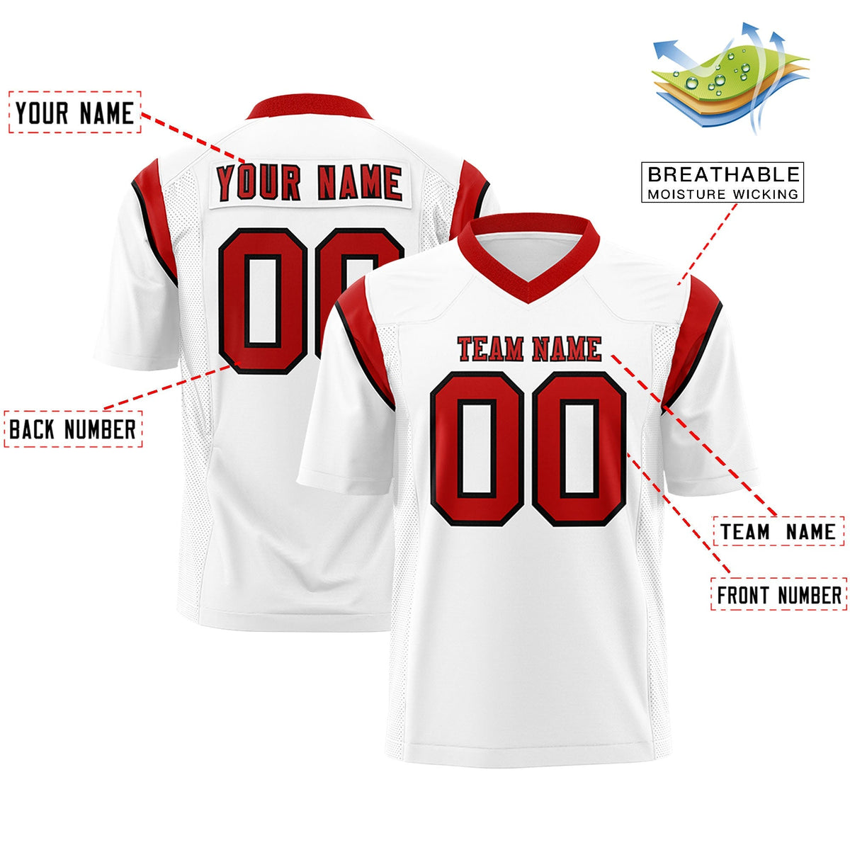 Custom White Red Personalized Shoulder Cut Two-Tone Authentic American Football Jersey