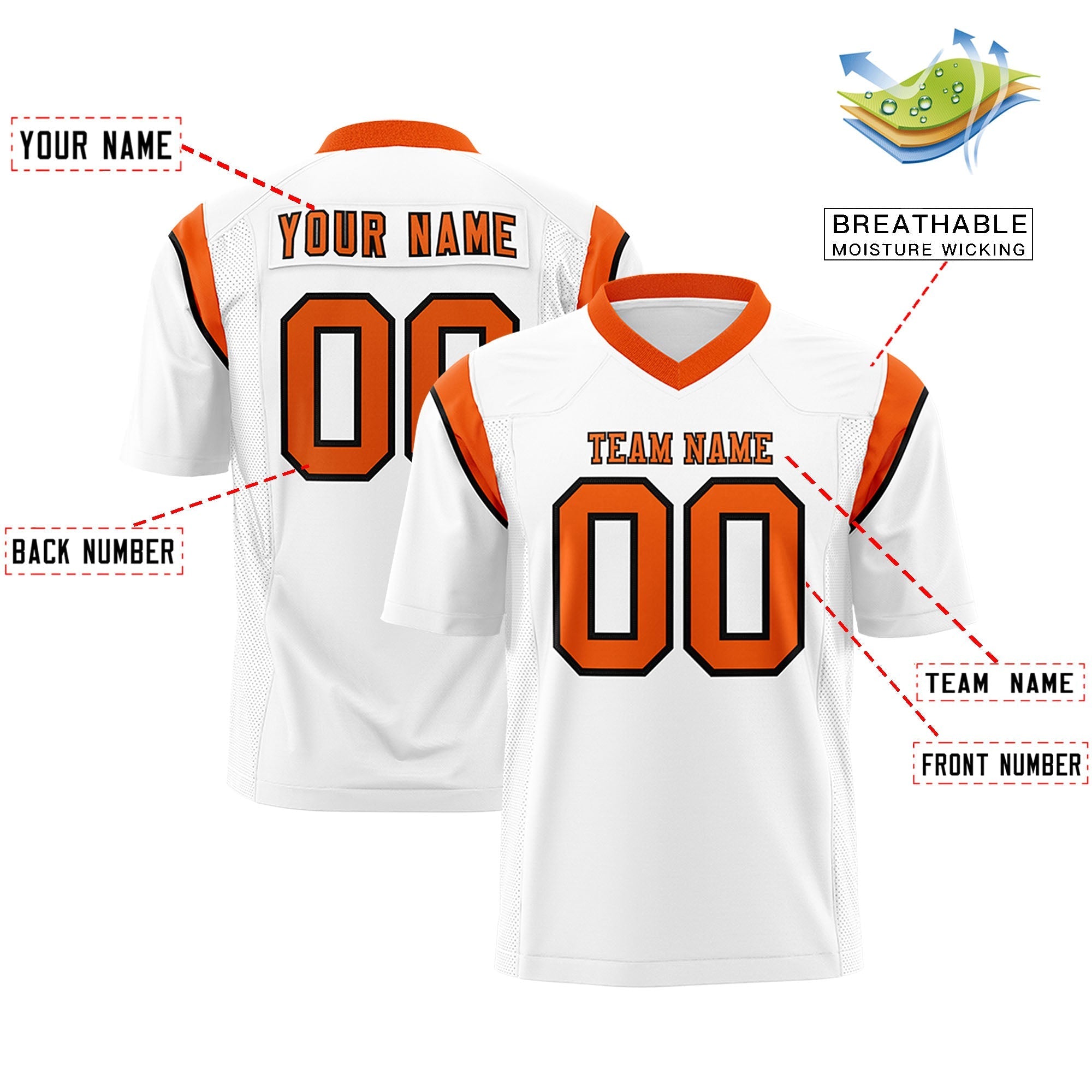 Custom White Orange Personalized Shoulder Cut Two-Tone Authentic American Football Jersey
