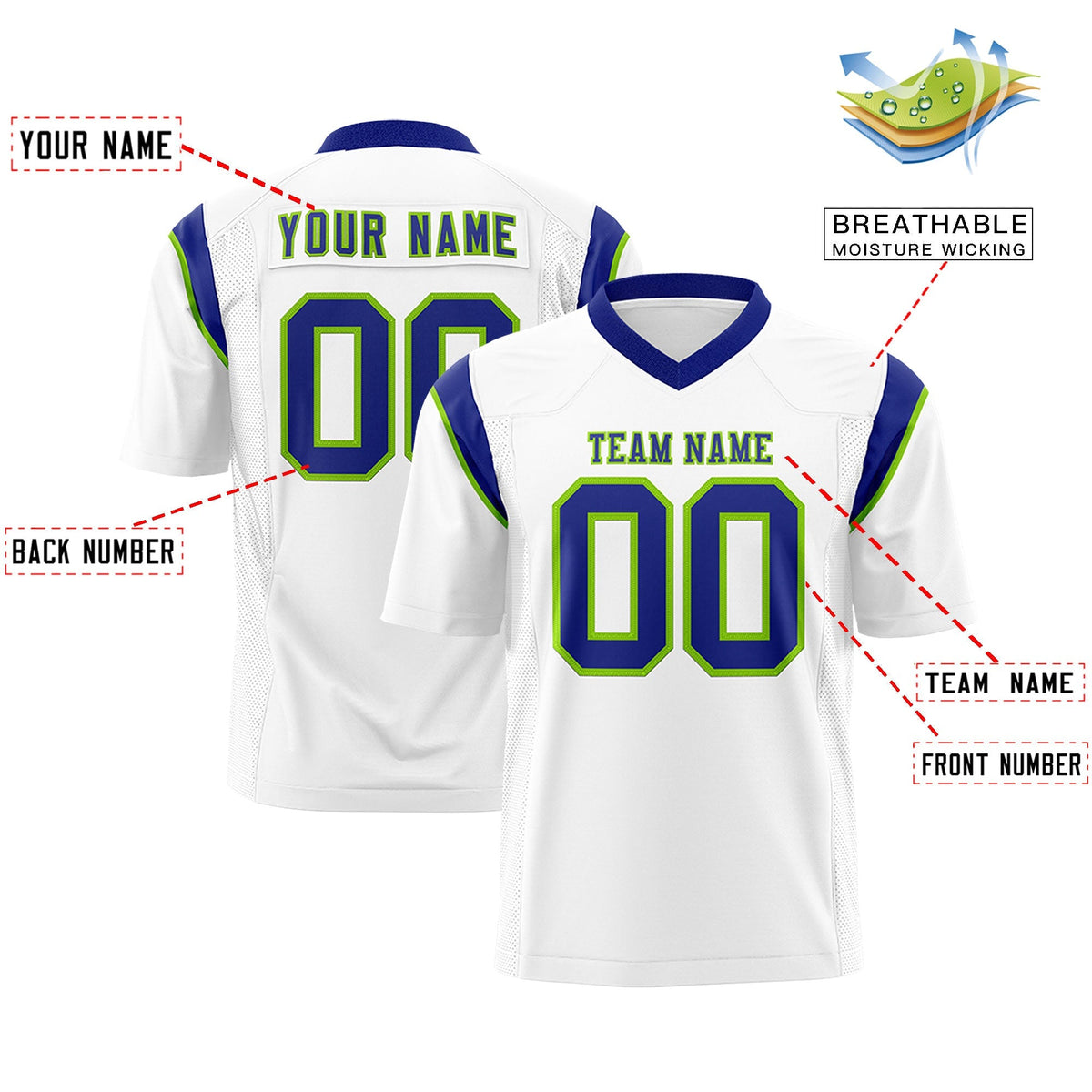 Custom White Neon Green Personalized Shoulder Cut Two-Tone Authentic American Football Jersey