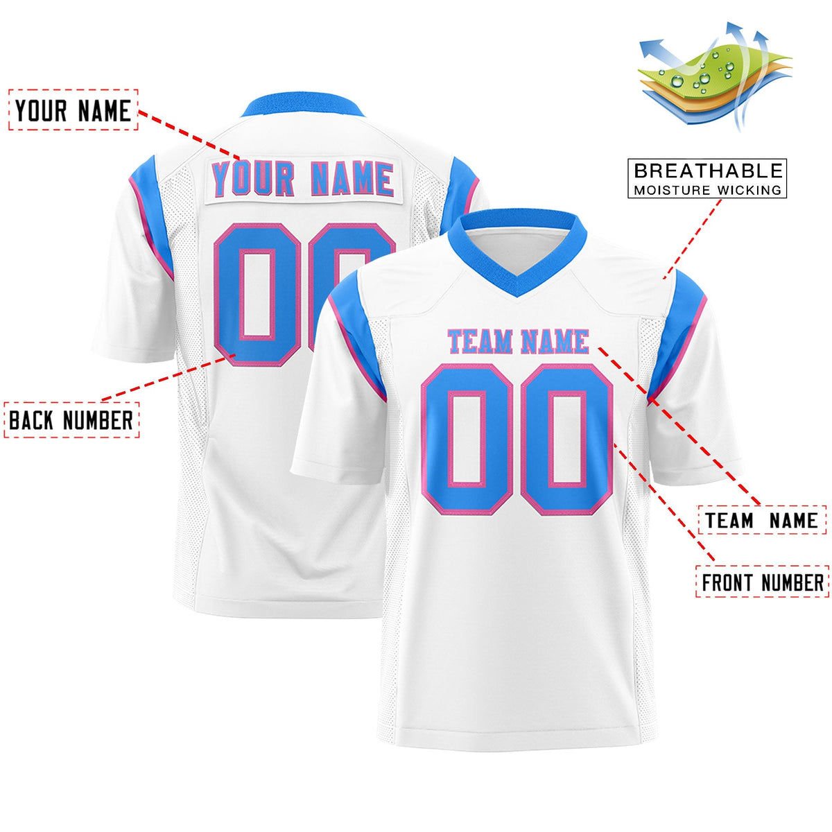 Custom White Powder Blue Personalized Shoulder Cut Two-Tone Authentic American Football Jersey