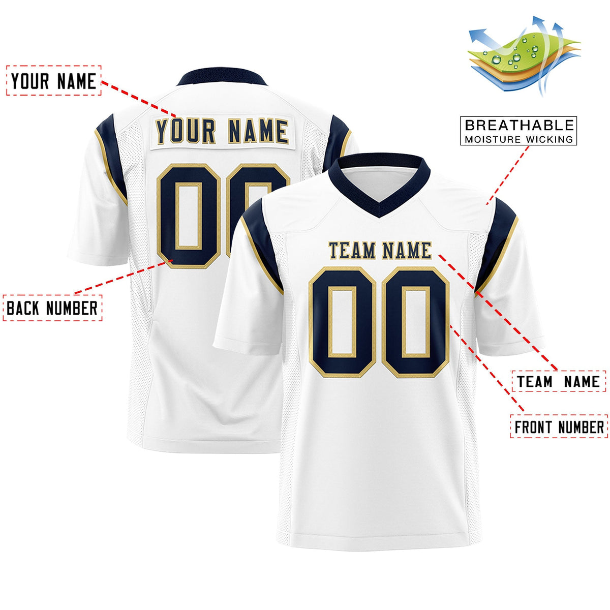 Custom White Navy Personalized Shoulder Cut Two-Tone Authentic American Football Jersey