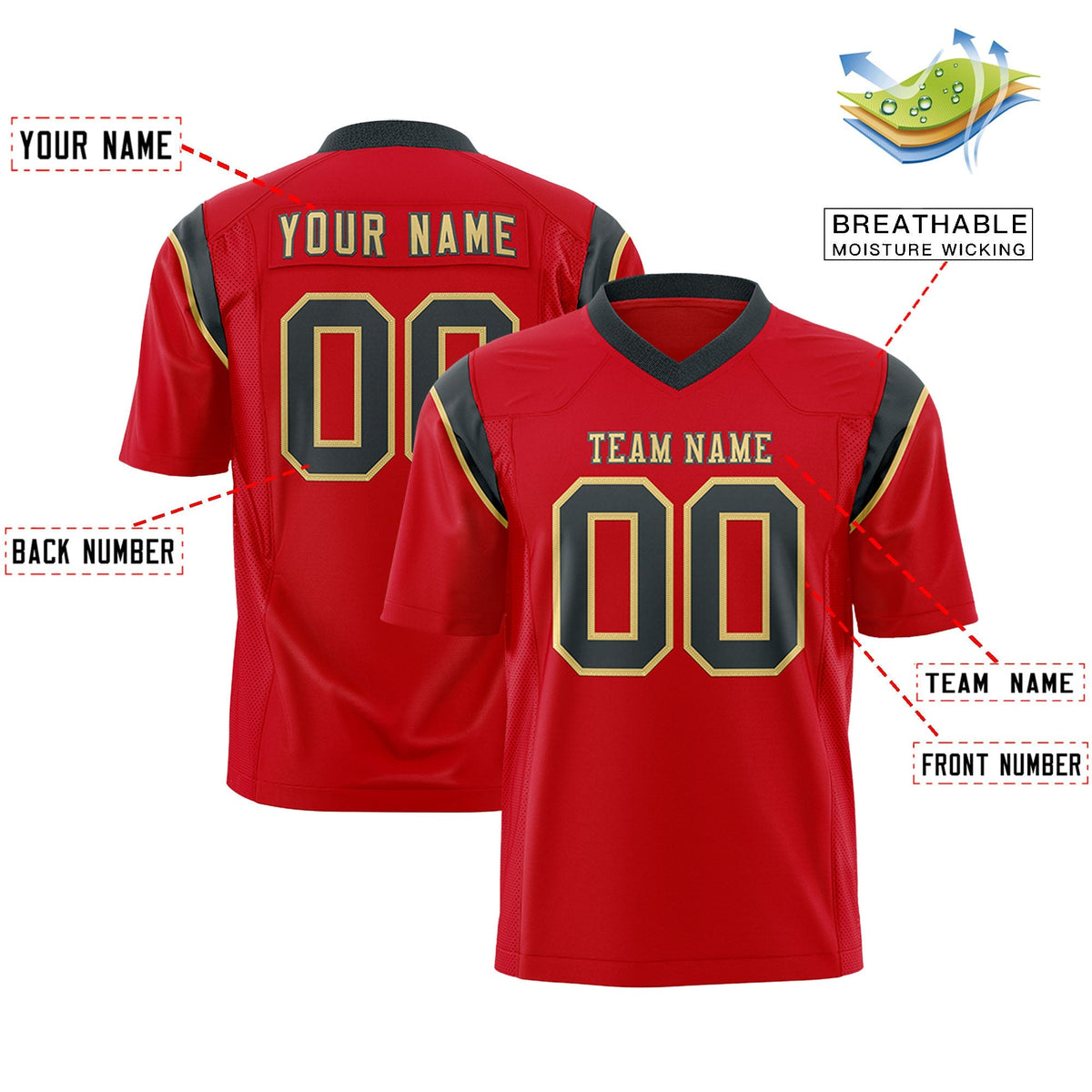 Custom Red Black Personalized Shoulder Cut Two-Tone Authentic American Football Jersey