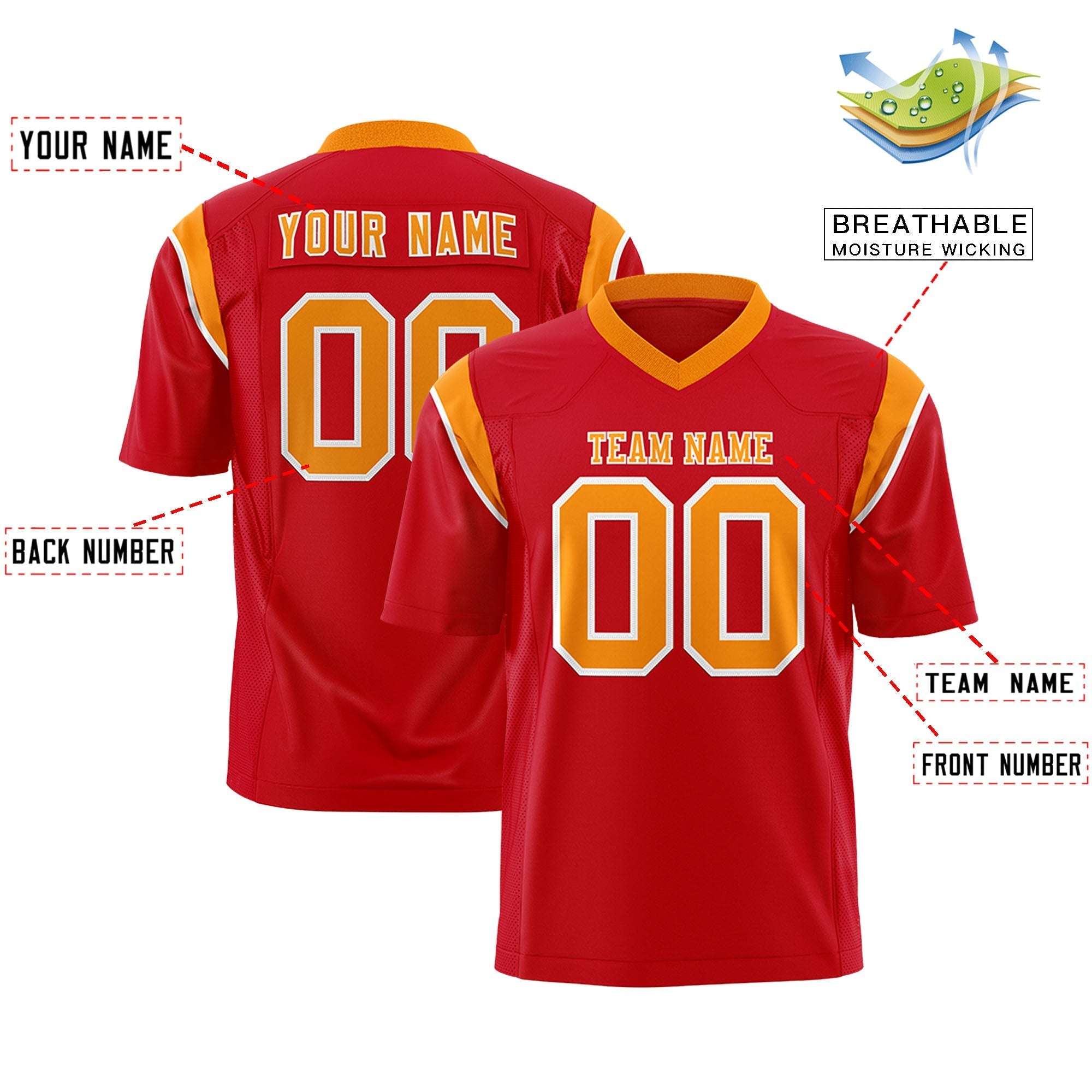 Custom Red Orange Personalized Shoulder Cut Two-Tone Authentic American Football Jersey