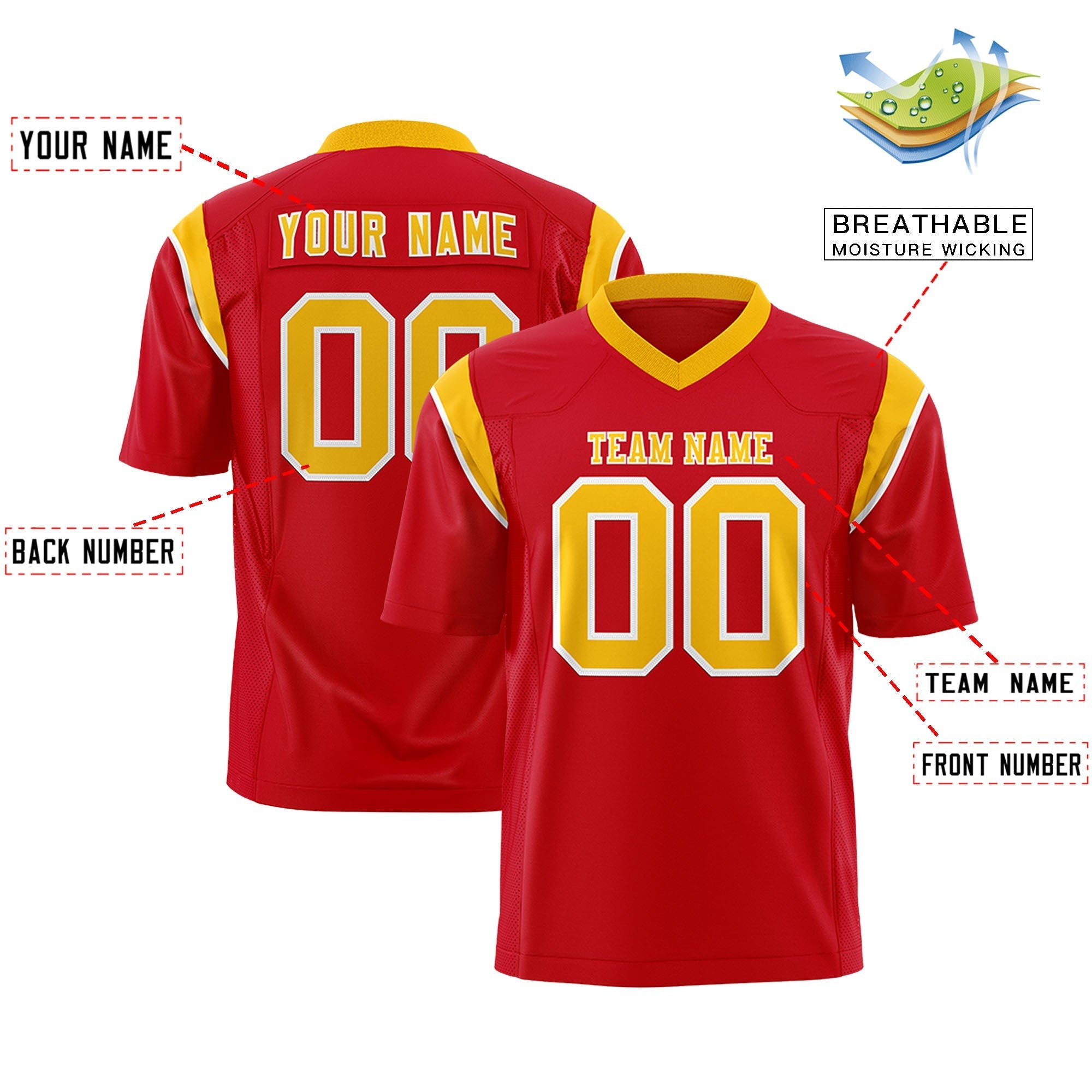Custom Red Yellow Personalized Shoulder Cut Two-Tone Authentic American Football Jersey
