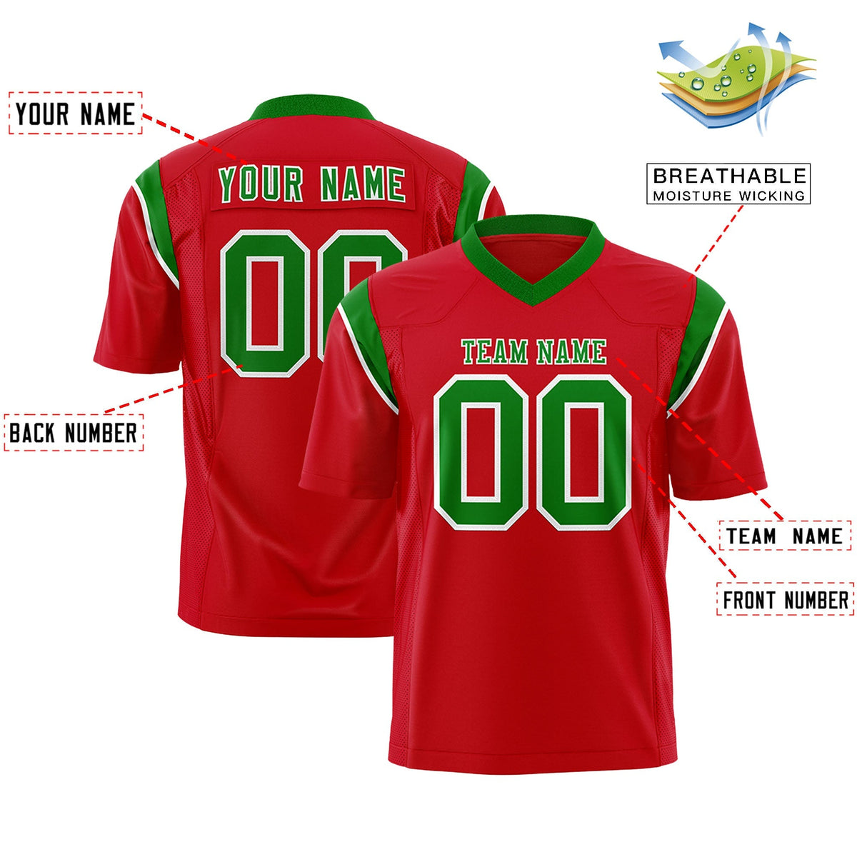 Custom Red Kelly Green Personalized Shoulder Cut Two-Tone Authentic American Football Jersey