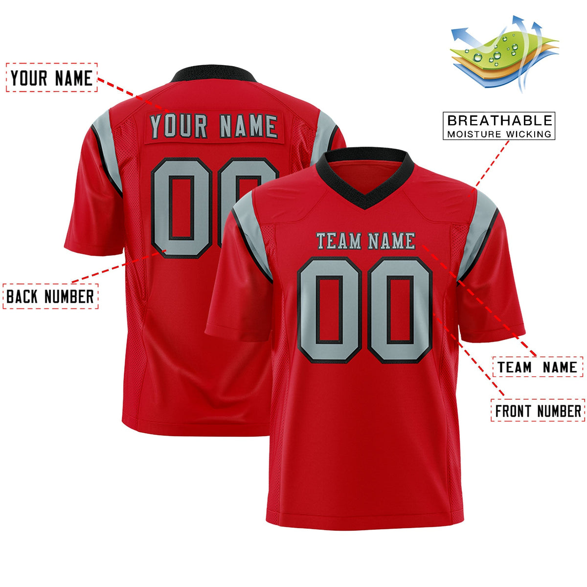 Custom Red Gray Personalized Shoulder Cut Two-Tone Authentic American Football Jersey