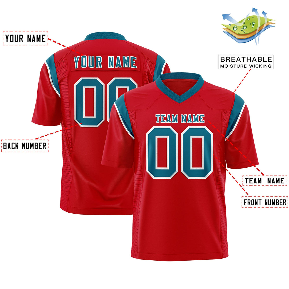Custom Red Aqua Personalized Shoulder Cut Two-Tone Authentic American Football Jersey