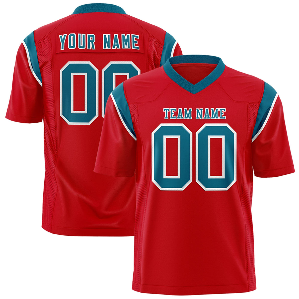 Custom Red Aqua Personalized Shoulder Cut Two-Tone Authentic American Football Jersey
