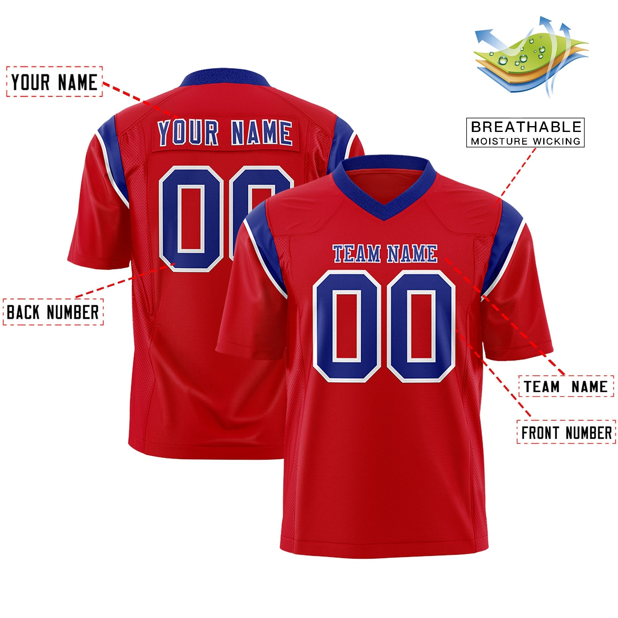 Custom Red Royal Personalized Shoulder Cut Two-Tone Authentic American Football Jersey