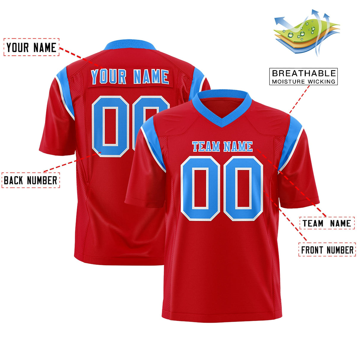 Custom Red Light Blue Personalized Shoulder Cut Two-Tone Authentic American Football Jersey