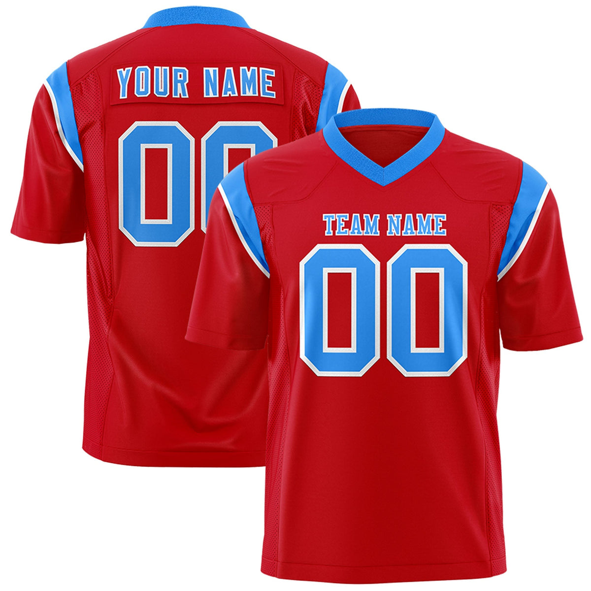 Custom Red Light Blue Personalized Shoulder Cut Two-Tone Authentic American Football Jersey