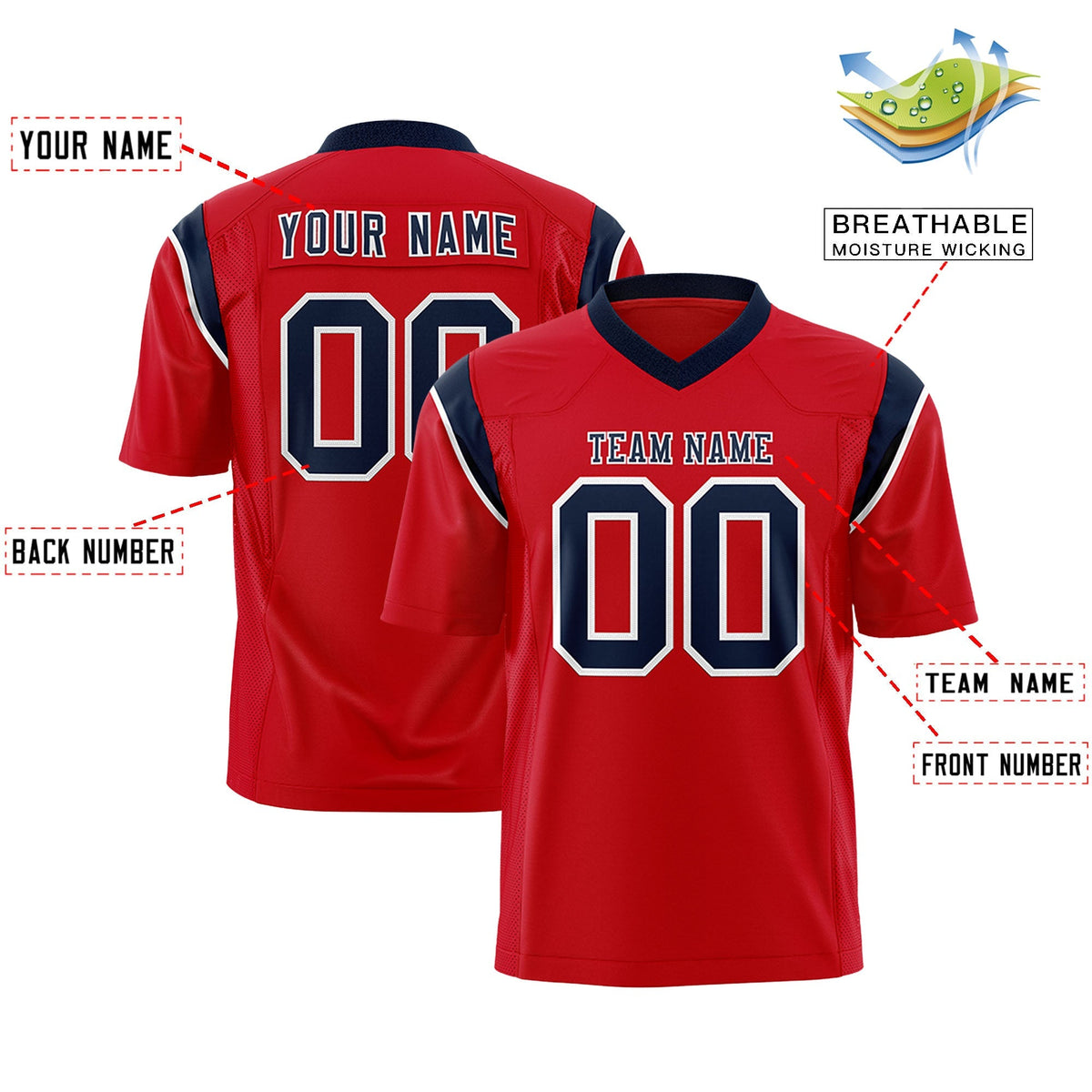 Custom Red Navy Personalized Shoulder Cut Two-Tone Authentic American Football Jersey