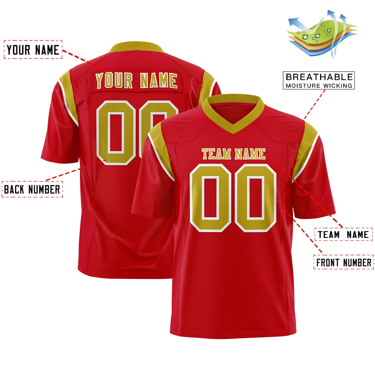 Custom Red Old Gold Personalized Shoulder Cut Two-Tone Authentic American Football Jersey