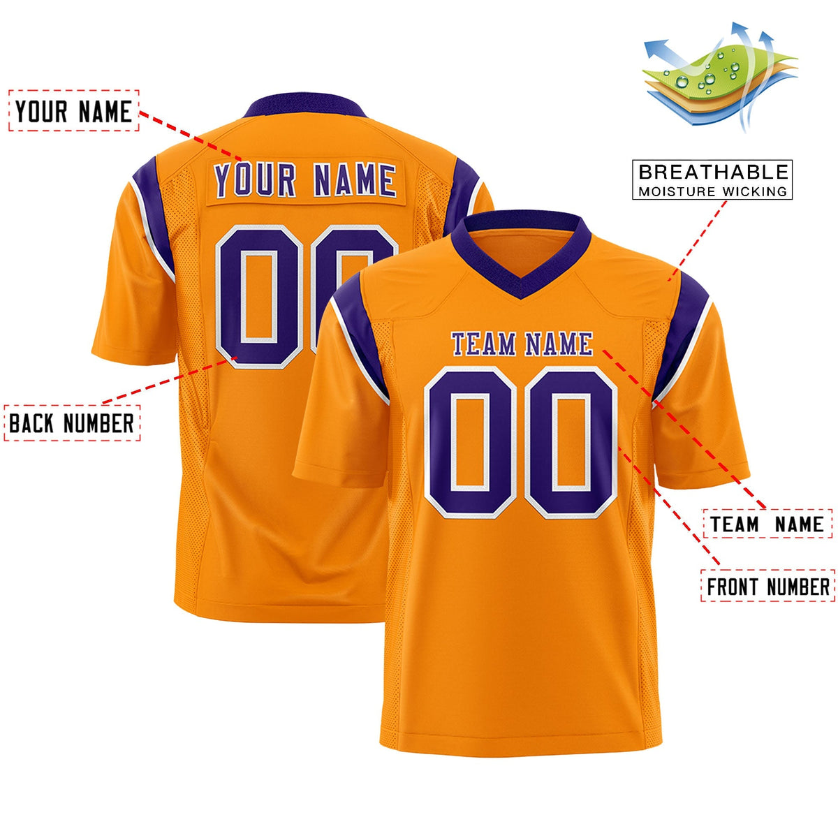 Custom Gold Orange Purple Personalized Shoulder Cut Two-Tone Authentic American Football Jersey