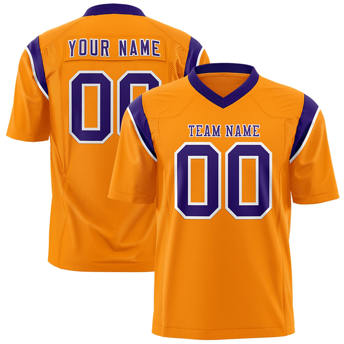 Custom Gold Orange Purple Personalized Shoulder Cut Two-Tone Authentic American Football Jersey