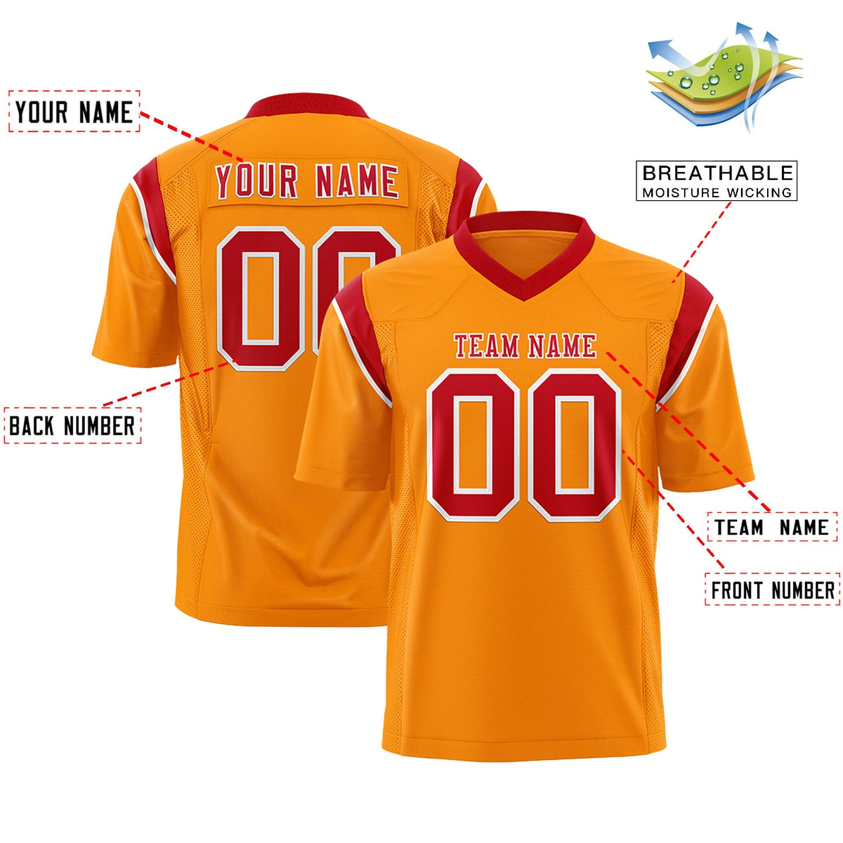 Custom Gold Orange Red Personalized Shoulder Cut Two-Tone Authentic American Football Jersey