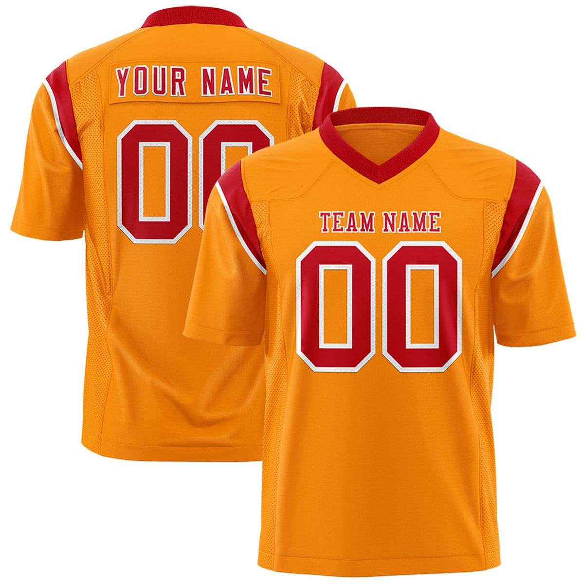Custom Gold Orange Red Personalized Shoulder Cut Two-Tone Authentic American Football Jersey
