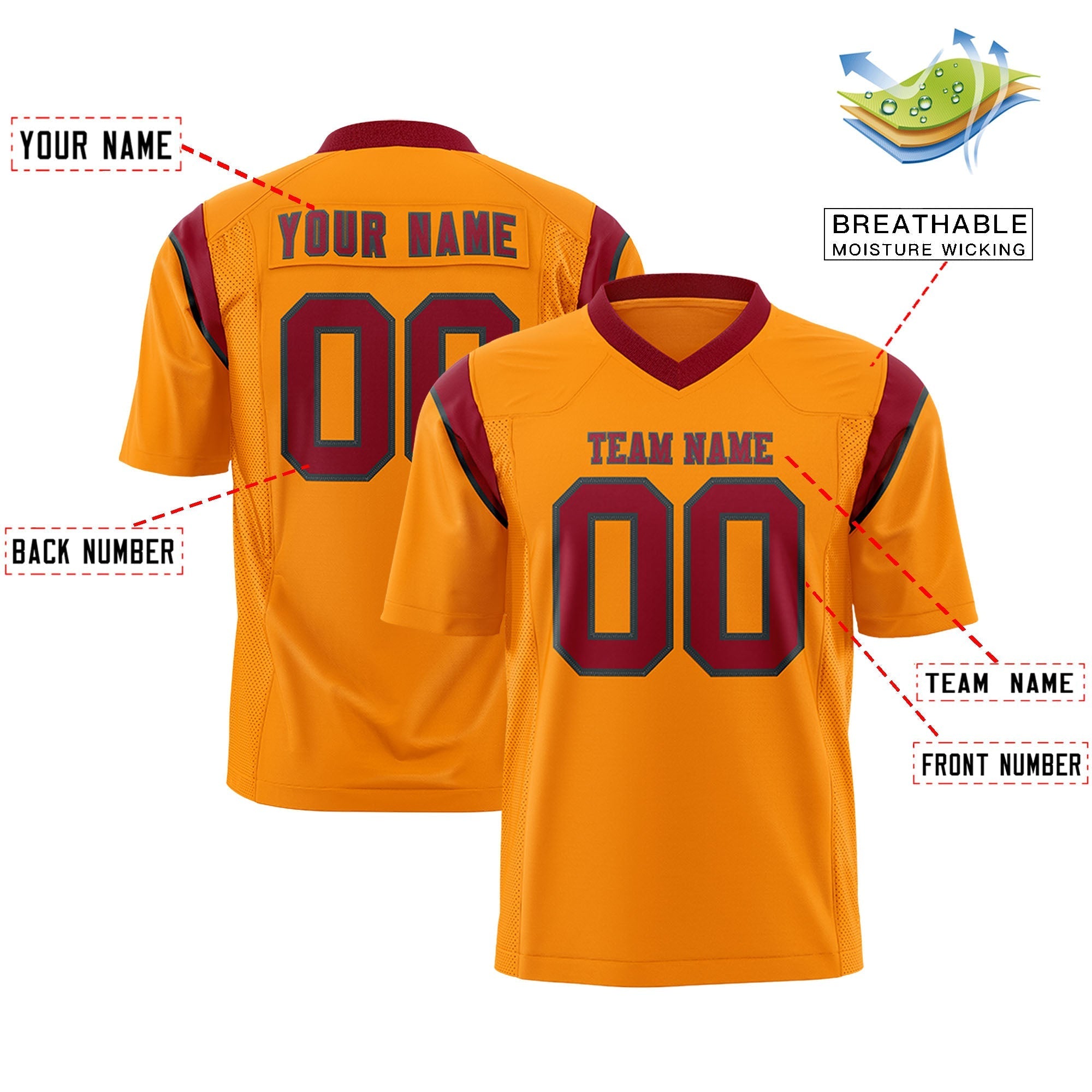 Custom Gold Orange Cardinal Personalized Shoulder Cut Two-Tone Authentic American Football Jersey
