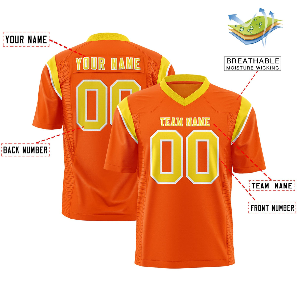 Custom Orange Gold Personalized Shoulder Cut Two-Tone Authentic American Football Jersey