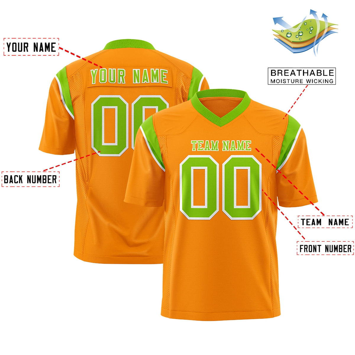 Custom Gold Orange Neon Green Personalized Shoulder Cut Two-Tone Authentic American Football Jersey