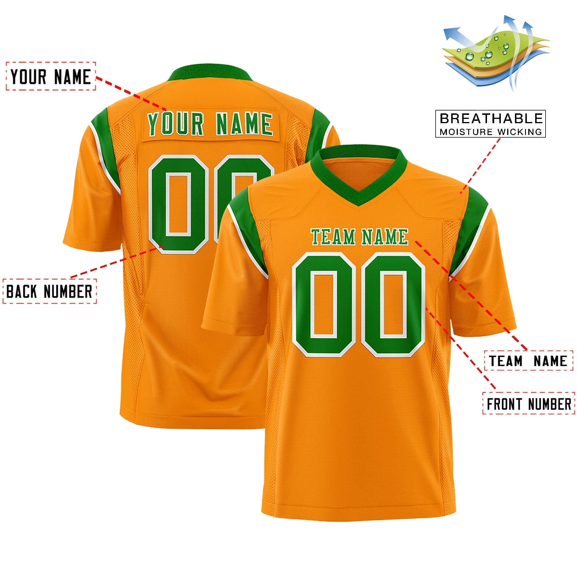 Custom Gold Orange Kelly Green Personalized Shoulder Cut Two-Tone Authentic American Football Jersey