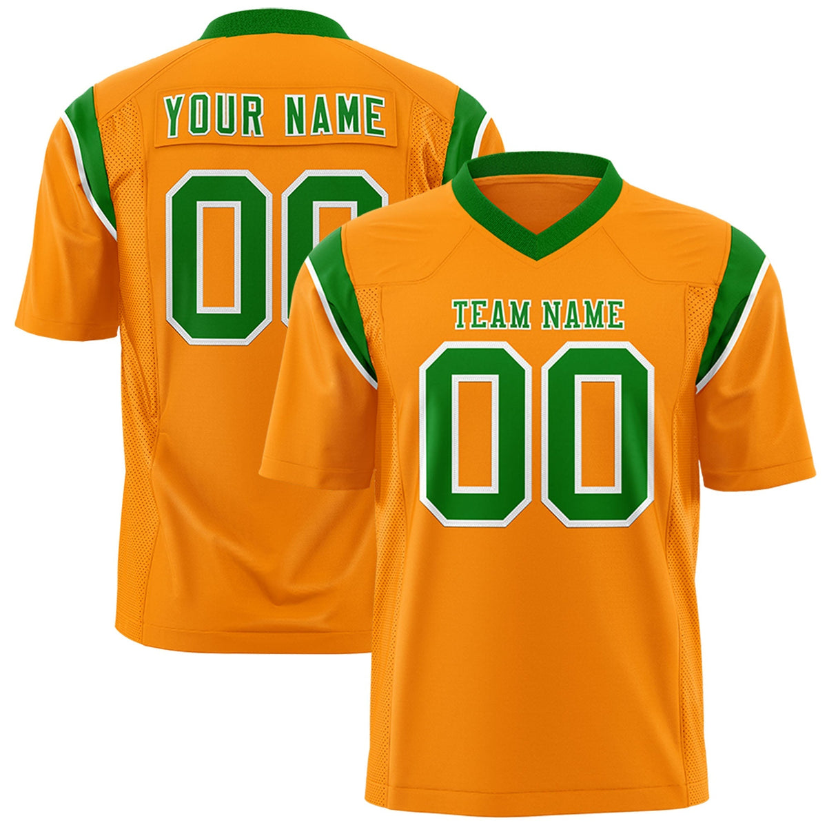 Custom Gold Orange Kelly Green Personalized Shoulder Cut Two-Tone Authentic American Football Jersey