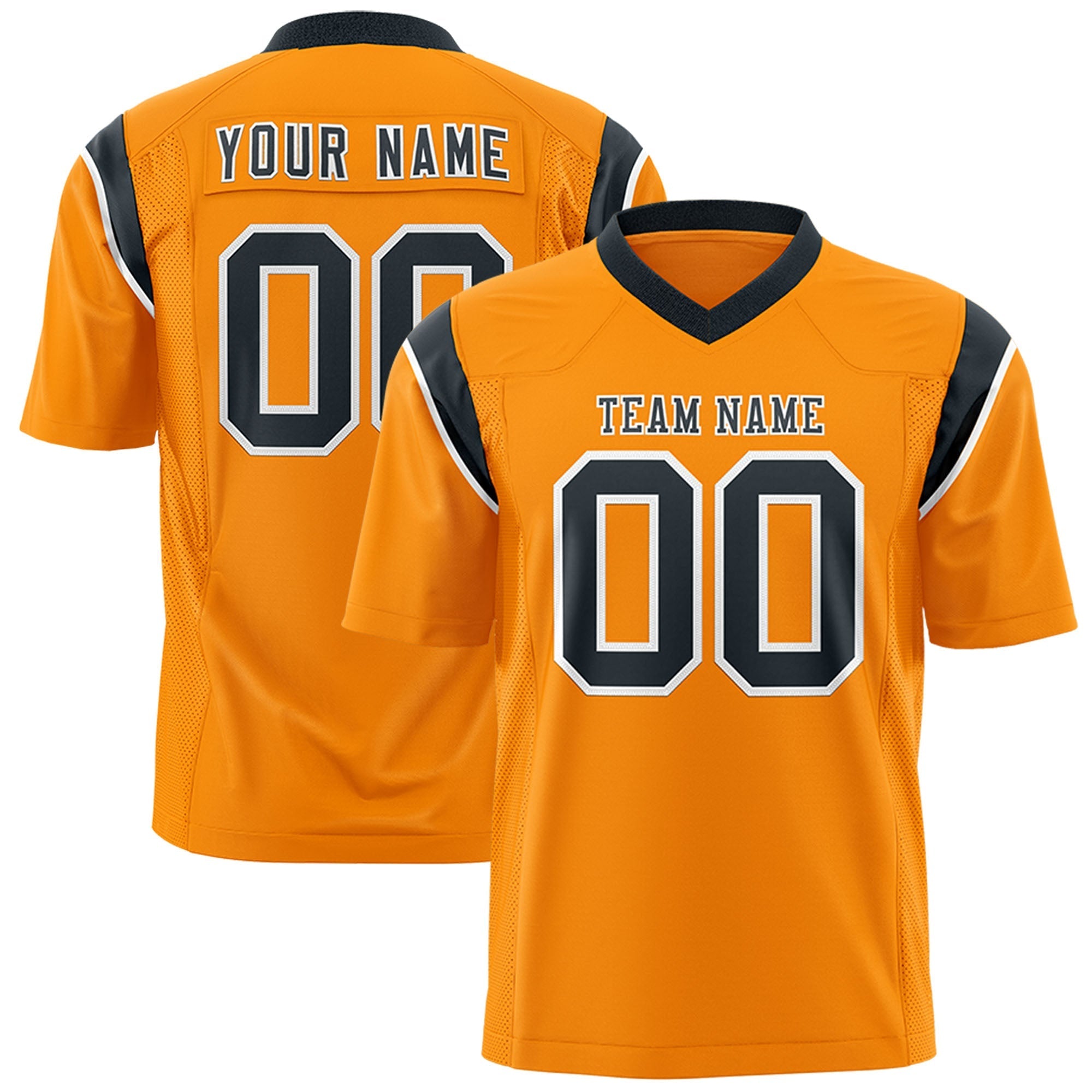 Custom Gold Orange Black Personalized Shoulder Cut Two-Tone Authentic American Football Jersey