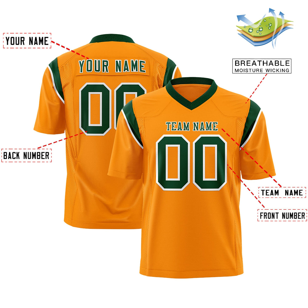 Custom Gold Orange Green Personalized Shoulder Cut Two-Tone Authentic American Football Jersey