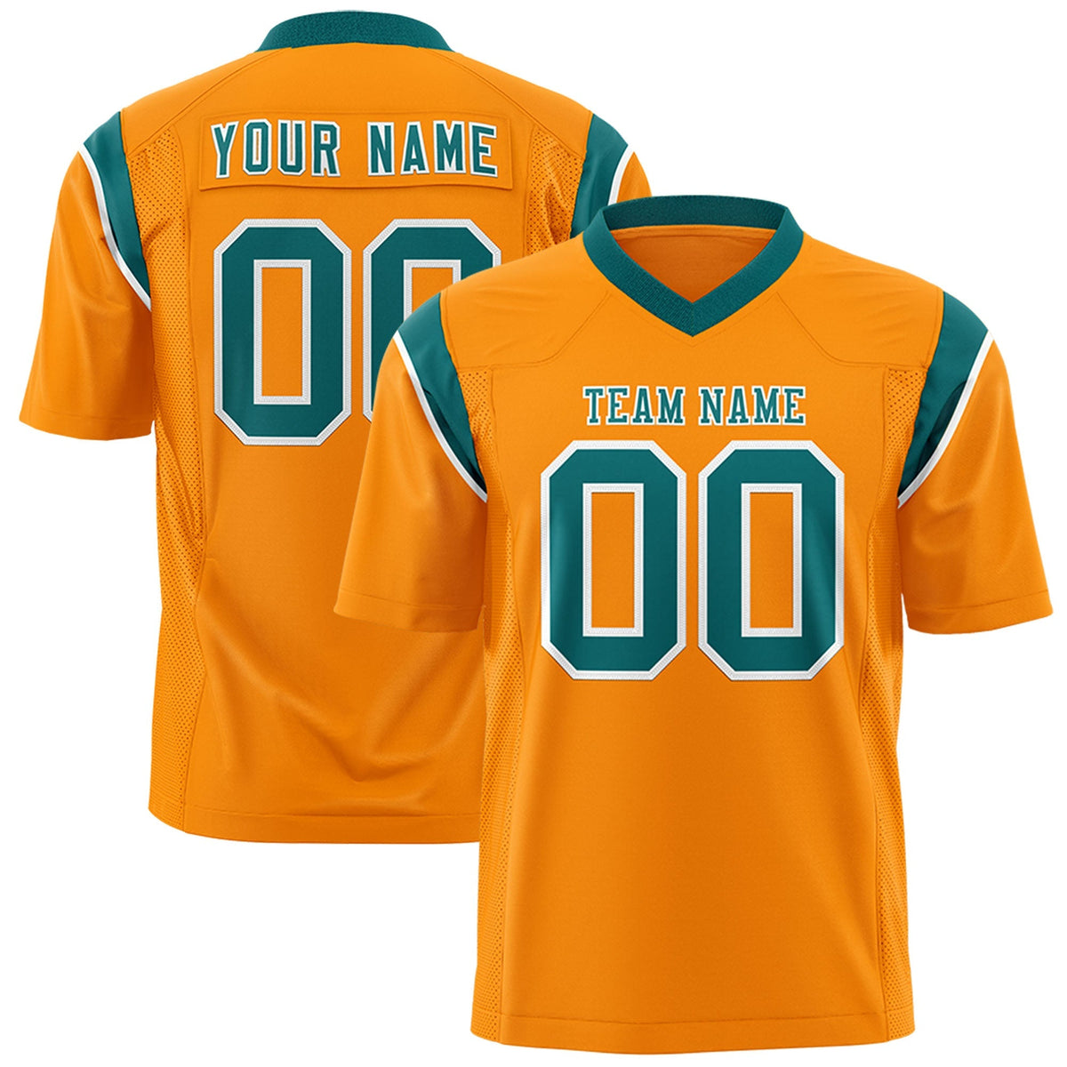 Custom Gold Orange Aqua Personalized Shoulder Cut Two-Tone Authentic American Football Jersey