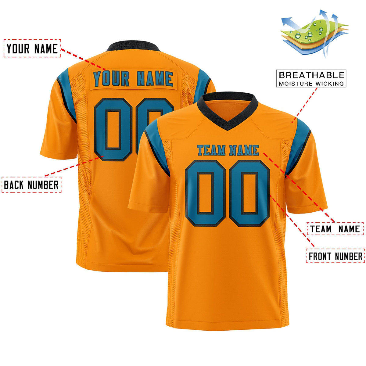 Custom Gold Orange Aqua Personalized Shoulder Cut Two-Tone Authentic American Football Jersey