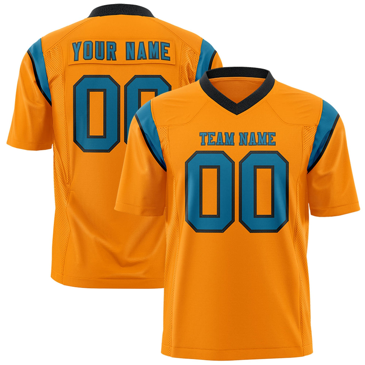 Custom Gold Orange Aqua Personalized Shoulder Cut Two-Tone Authentic American Football Jersey