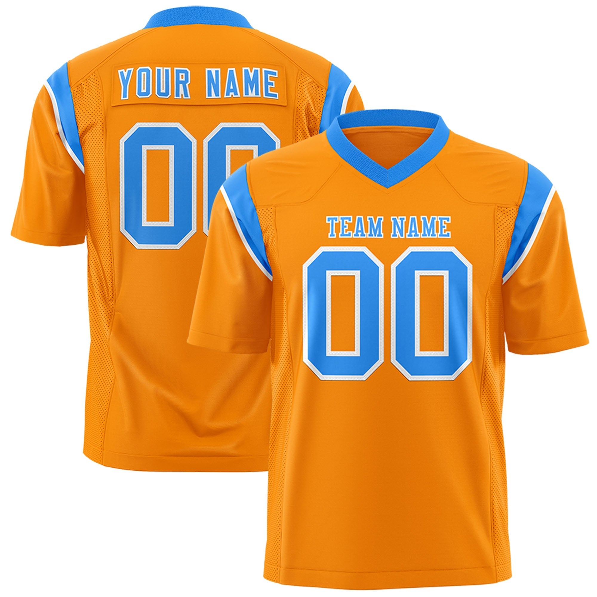 Custom Gold Orange Powder Blue Personalized Shoulder Cut Two-Tone Authentic American Football Jersey