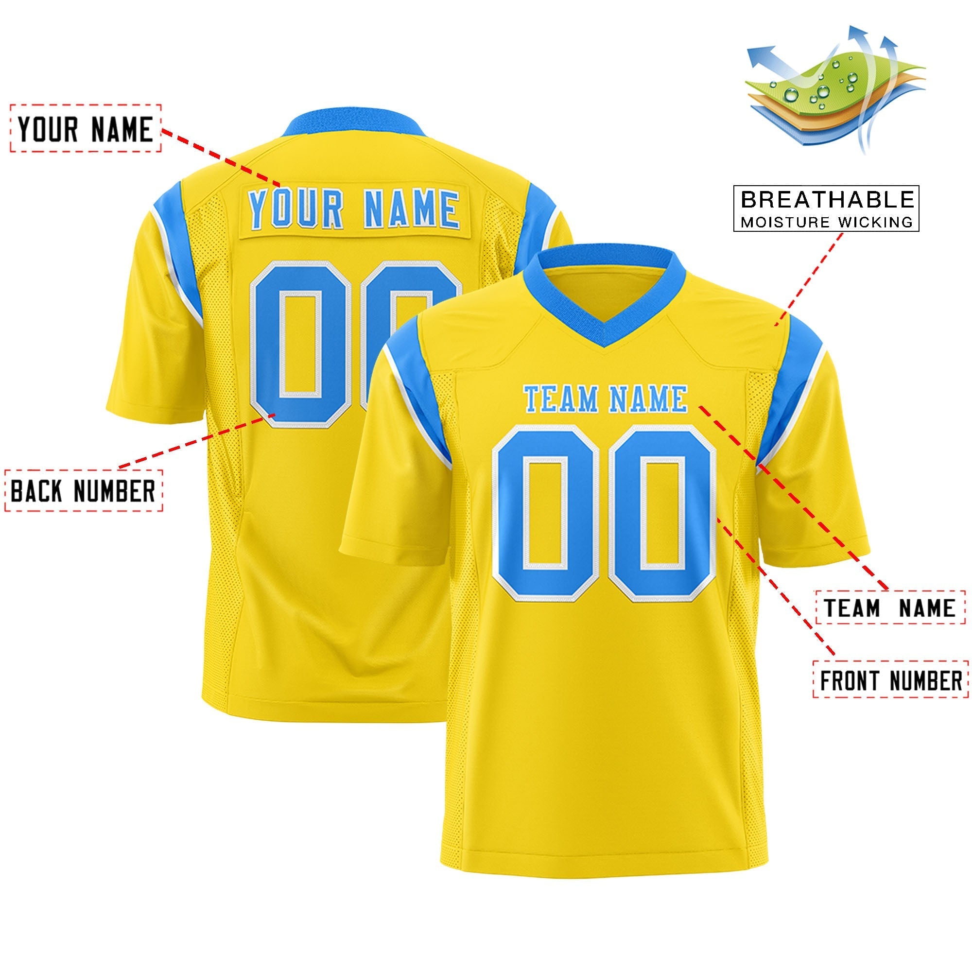 Custom Gold Powder Blue Personalized Shoulder Cut Two-Tone Authentic American Football Jersey