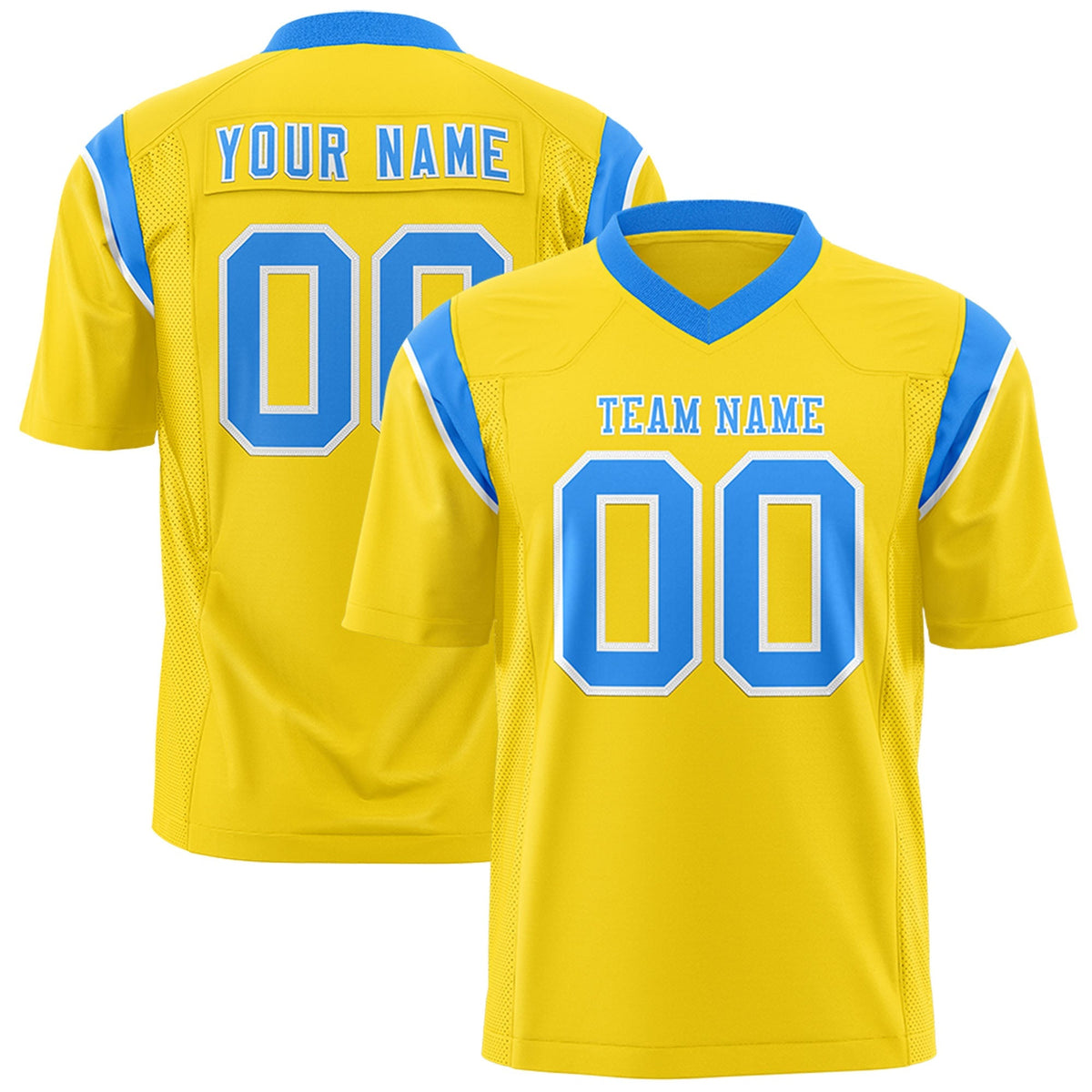 Custom Gold Powder Blue Personalized Shoulder Cut Two-Tone Authentic American Football Jersey