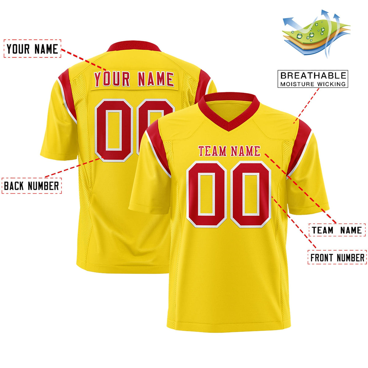 Custom Gold Red Personalized Shoulder Cut Two-Tone Authentic American Football Jersey