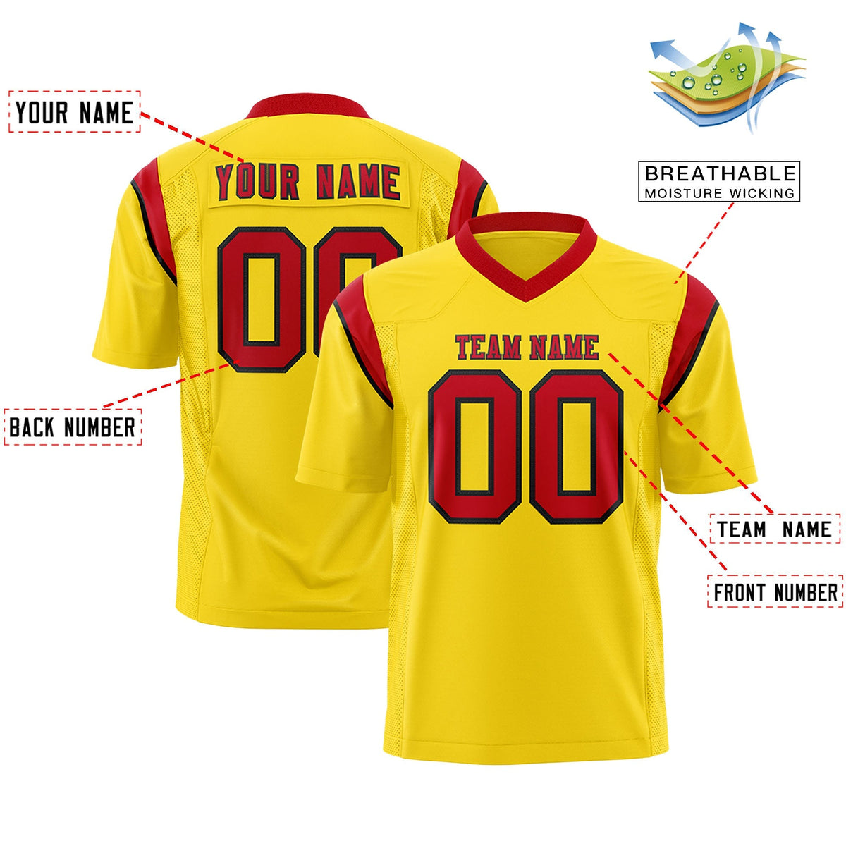 Custom Gold Red Personalized Shoulder Cut Two-Tone Authentic American Football Jersey