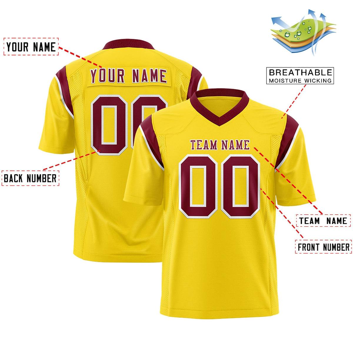 Custom Gold Crimson Personalized Shoulder Cut Two-Tone Authentic American Football Jersey