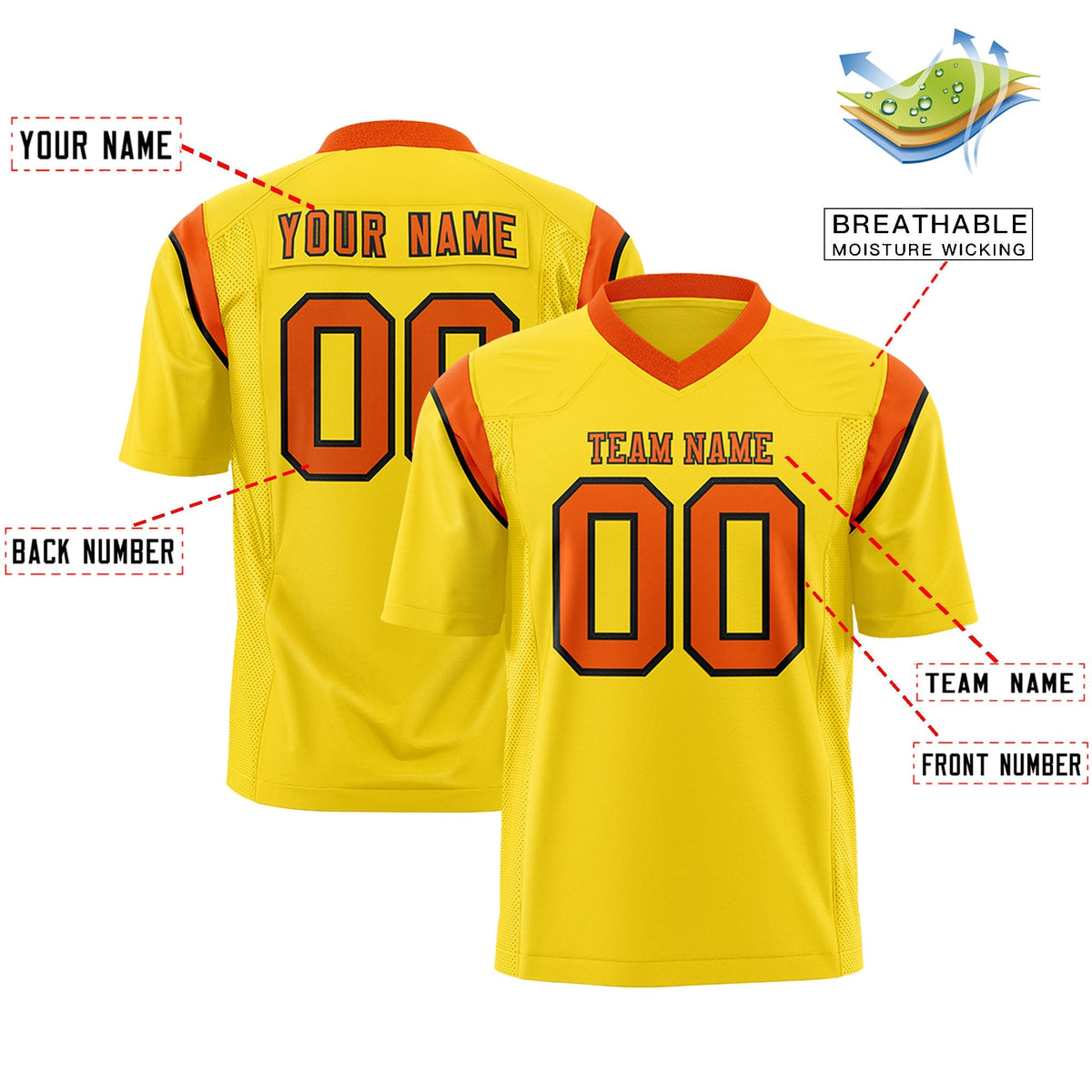 Custom Gold Orange Personalized Shoulder Cut Two-Tone Authentic American Football Jersey
