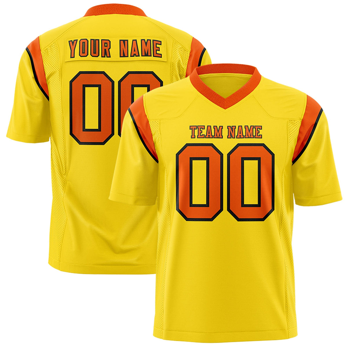 Custom Gold Orange Personalized Shoulder Cut Two-Tone Authentic American Football Jersey