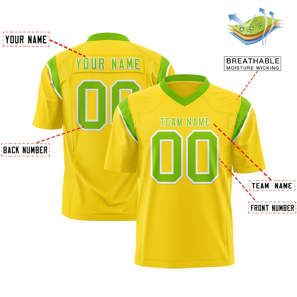 Custom Gold Neon Green Personalized Shoulder Cut Two-Tone Authentic American Football Jersey