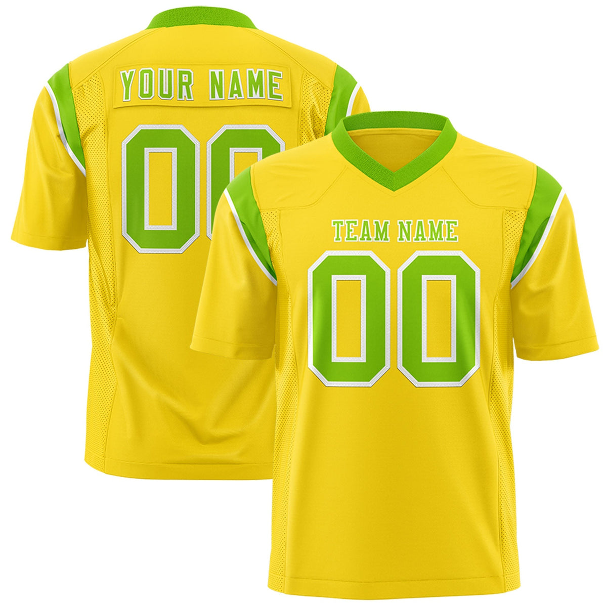 Custom Gold Neon Green Personalized Shoulder Cut Two-Tone Authentic American Football Jersey