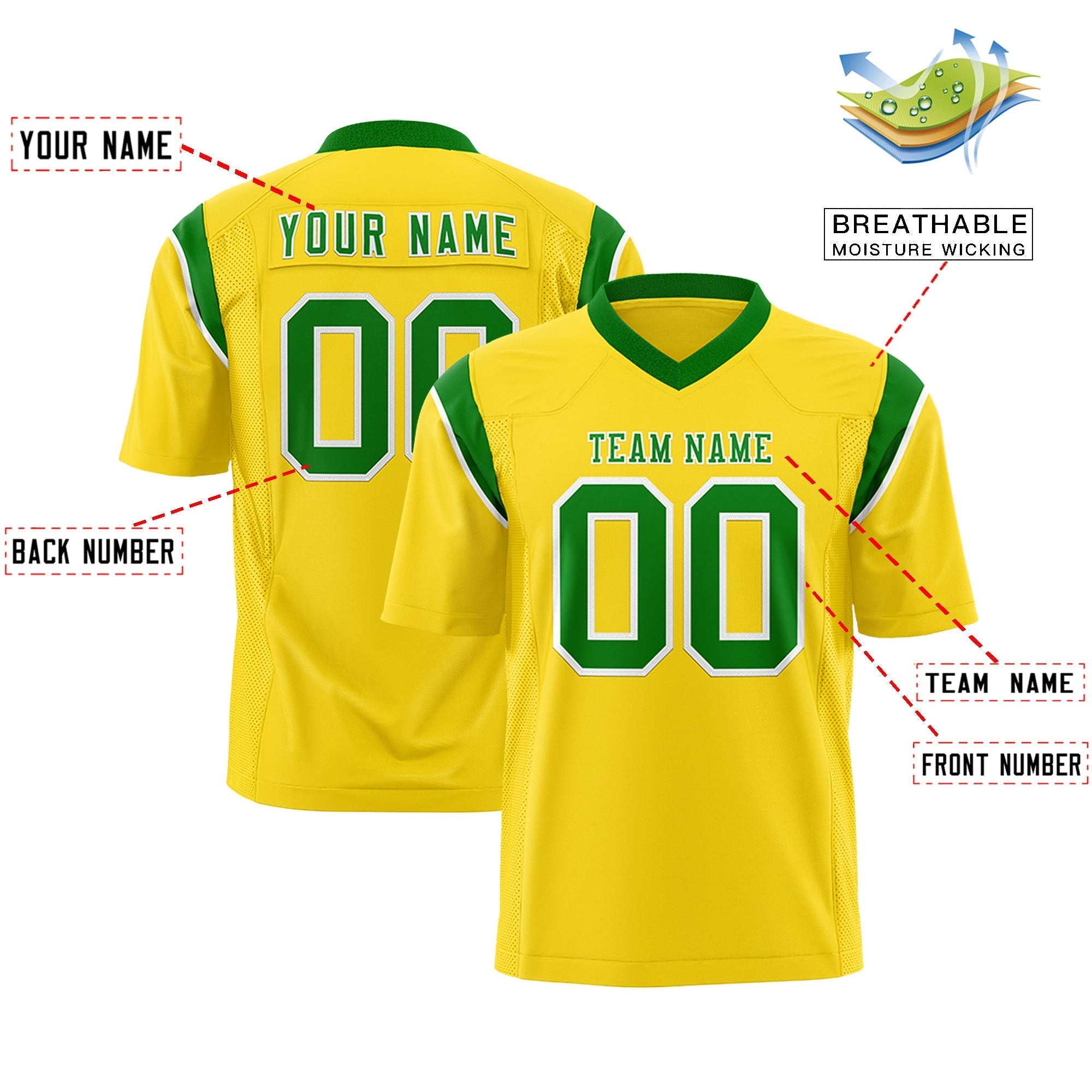 Custom Gold Kelly Green Personalized Shoulder Cut Two-Tone Authentic American Football Jersey