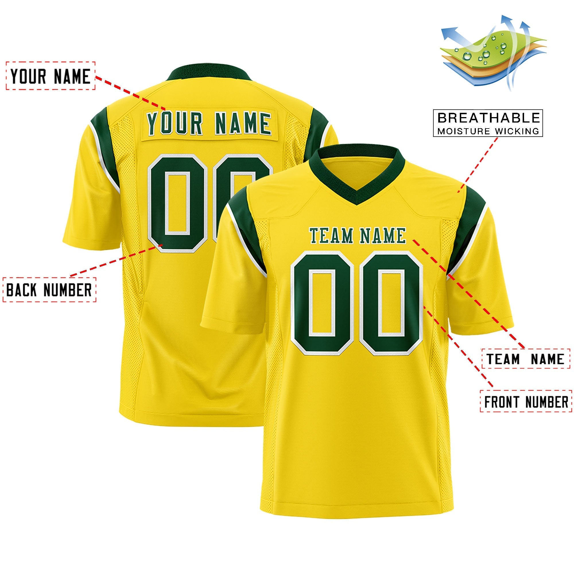 Custom Gold Green Personalized Shoulder Cut Two-Tone Authentic American Football Jersey