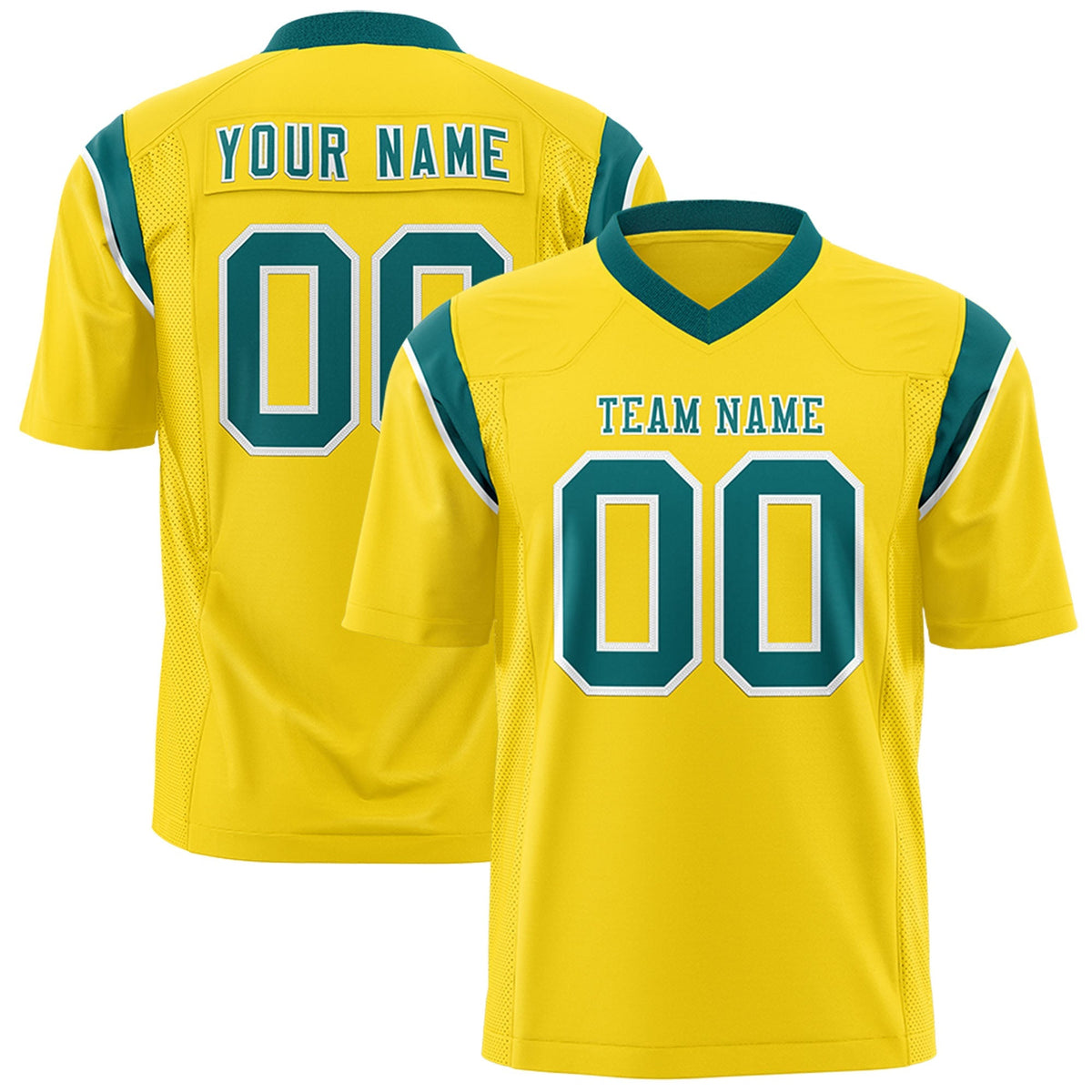 Custom Gold Aqua Personalized Shoulder Cut Two-Tone Authentic American Football Jersey